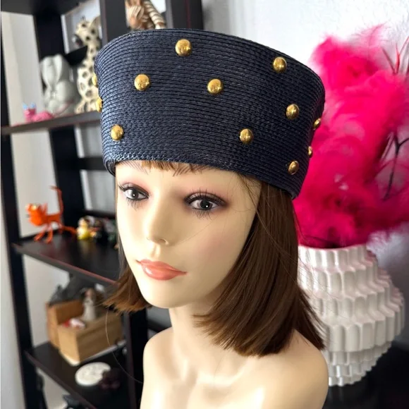 Vintage Navy Blue and Gold Studded Women's Hat - Picture 2 of 9